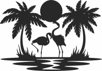 Flamingos scene clipart - fichier DXF SVG CDR coupe, prêt à découper pour plasma routeur laser