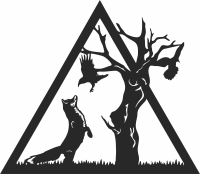 Wolf hunting bird under tree cliparts - fichier DXF SVG CDR coupe, prêt à découper pour plasma routeur laser
