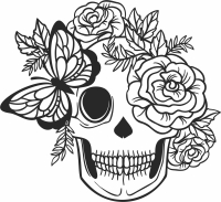 skull with flower and butterfly - Para archivos DXF CDR SVG cortados con láser - descarga gratuita