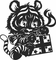 Cute Tiger with gift clipart - For Laser Cut DXF CDR SVG Files - free download