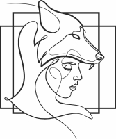 one line girl with wolf headdress wall art - fichier DXF SVG CDR coupe, prêt à découper pour plasma routeur laser