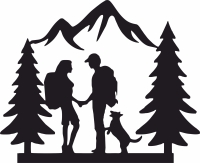hiking scene couple with dog - Para archivos DXF CDR SVG cortados con láser - descarga gratuita