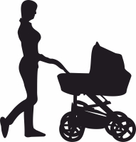 Mum Pushing Pram stroller family silhouette - For Laser Cut DXF CDR SVG Files - free download