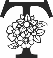 Monogram Letter T with flowers - For Laser Cut DXF CDR SVG Files - free download