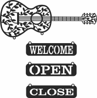 guitar wall sign with open close and welcome sign - Para archivos DXF CDR SVG cortados con láser - descarga gratuita