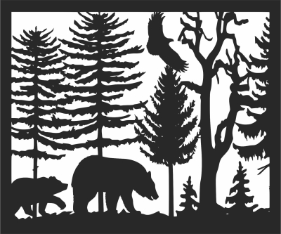 bear scene forest art - fichier DXF SVG CDR coupe, prêt à découper pour plasma routeur laser