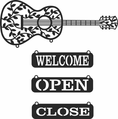 guitar wall sign with open close and welcome sign - Para archivos DXF CDR SVG cortados con láser - descarga gratuita